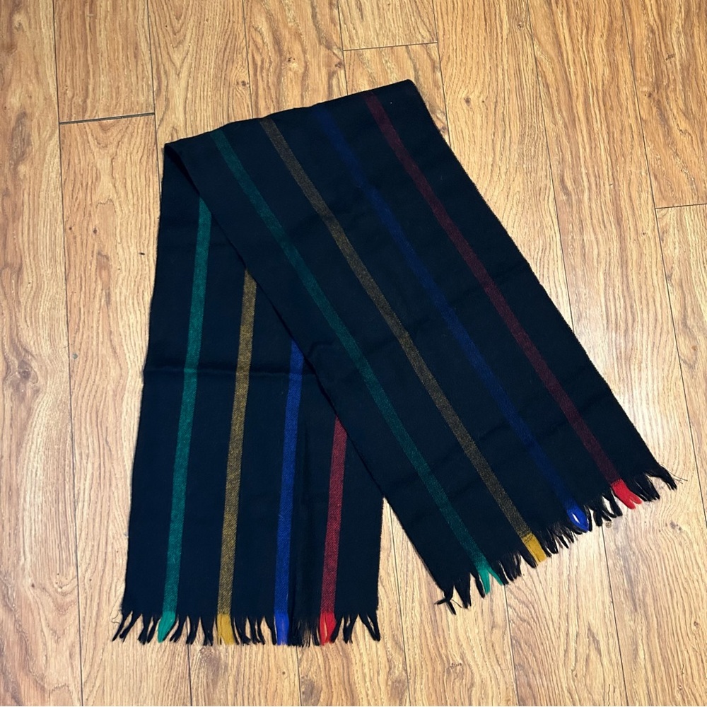 100% Lambswool Scarf | Black w/ Red, Blue, Yellow & Green Stripes